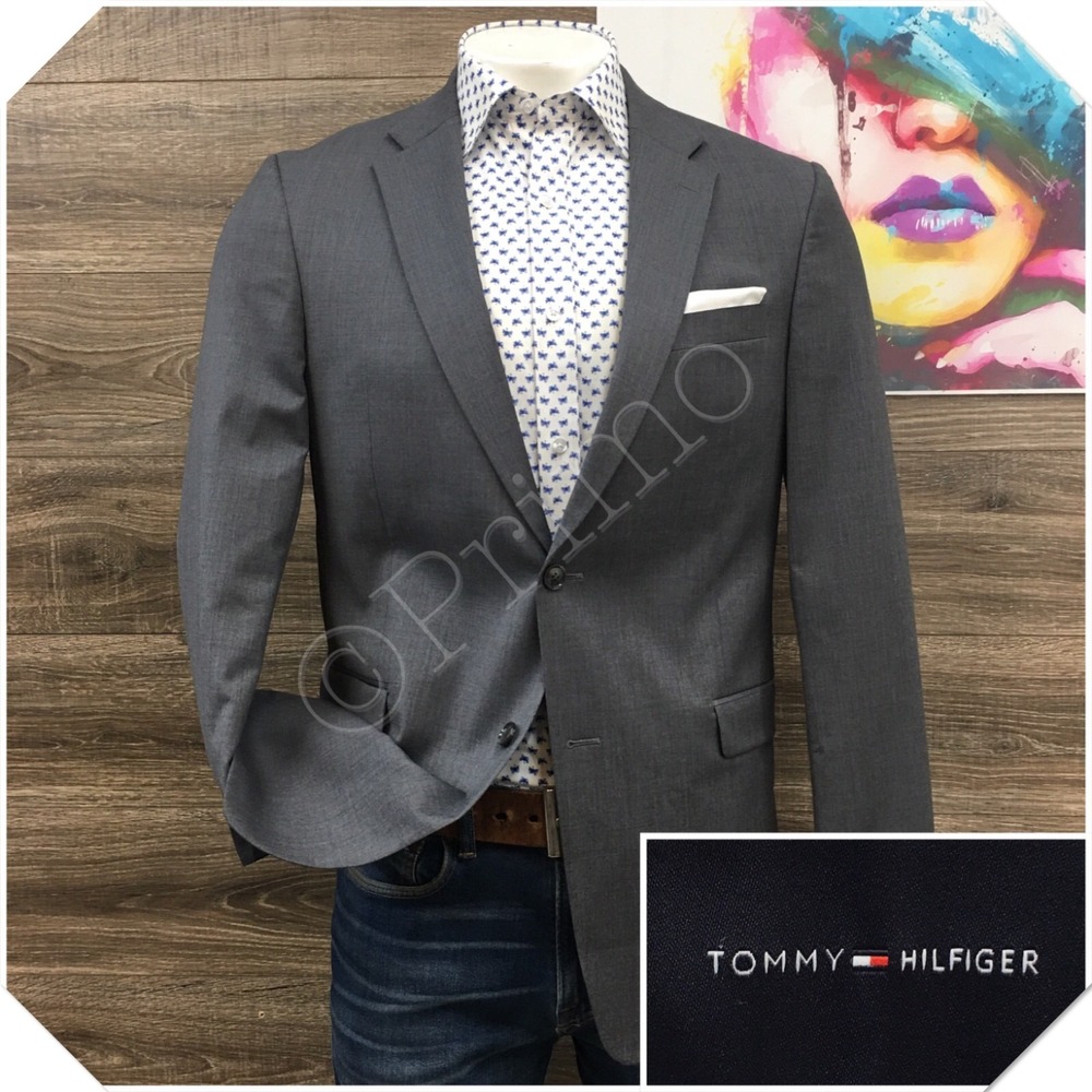 TOMMY HILFIGER Mens Wool Blazer Sport Coat Casual Jacket Size 42L Gray Suit
